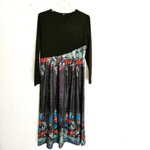 Generic Casual Stitching flower Print Elegant Black Midi Dress Size Medium